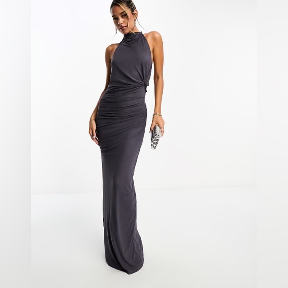 ASOS Design mesh twist dress in charcoal grey